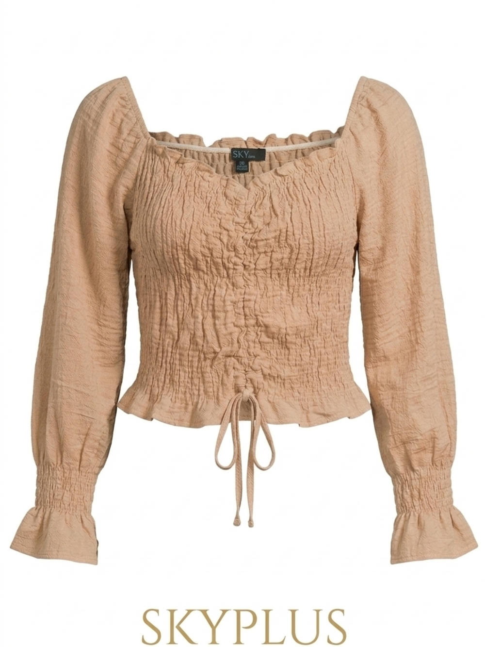 SKY Plus 2X Nude/Beige Smocked Long Sleeve Top - Boho Peasant Blouse